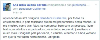 A mensagem de agradecimento de Ana Clara, em sua página na rede social Facebook. Se você pensou “ela esqueceu os acentos”, errou. Ana Clara chegou na redação desculpando-se por não conseguir acentuar as palavras no computador da avó, pois não sabia os ata